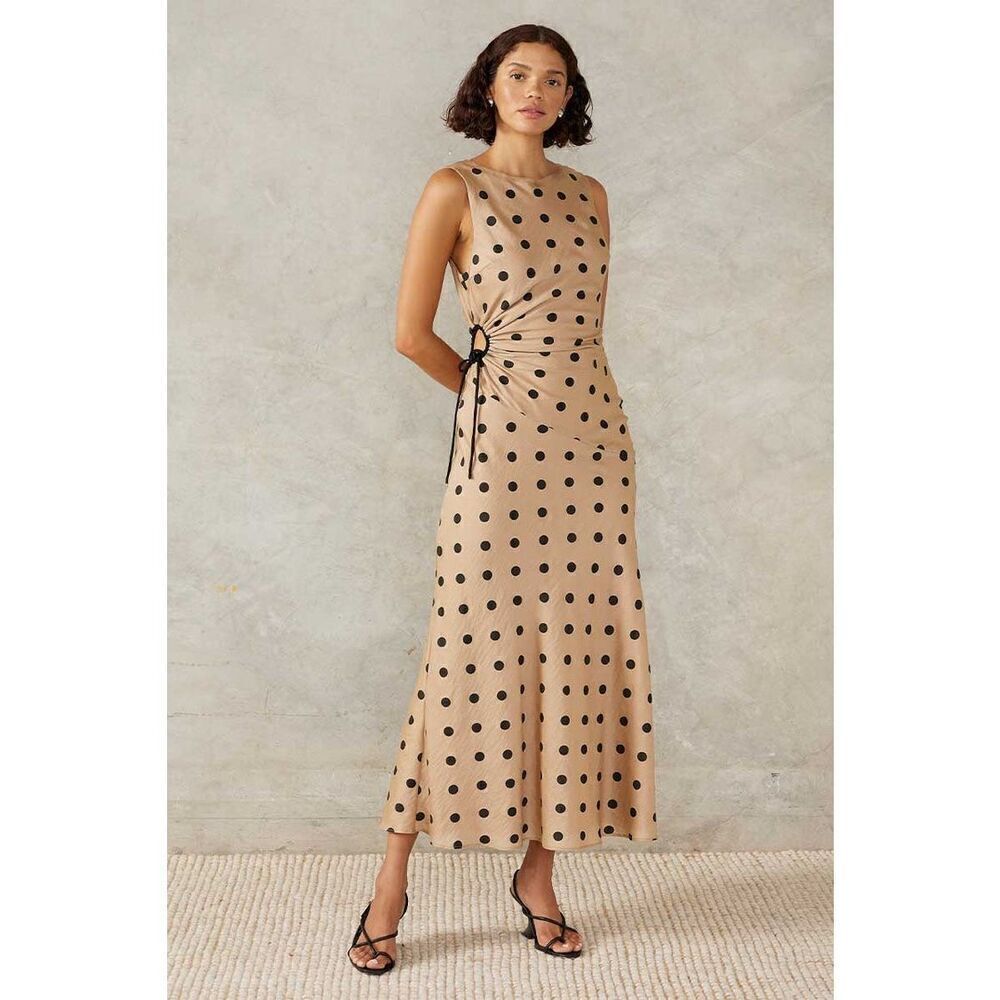 MON RENN LUCINDA MIDI DRESS IN MOCHA POLKA DOT size S NWT$199 - Picture 3 of 11